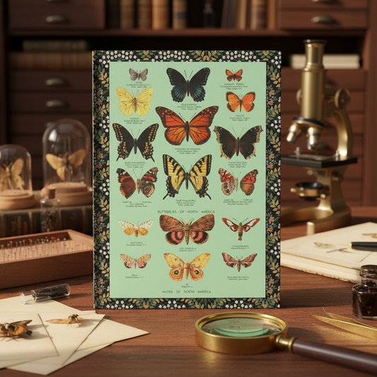 Johnson's 1896 butterfly journal in entomology study with specimen boxes magnifying glass tweezers microscope - LeBonJournal