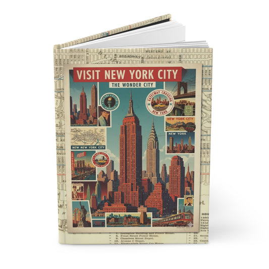 New York Wonder City hardcover journal featuring vintage-style Art Deco travel poster Empire State Building Chrysler Building Statue of Liberty Brooklyn Bridge Radio City - LeBonJournal