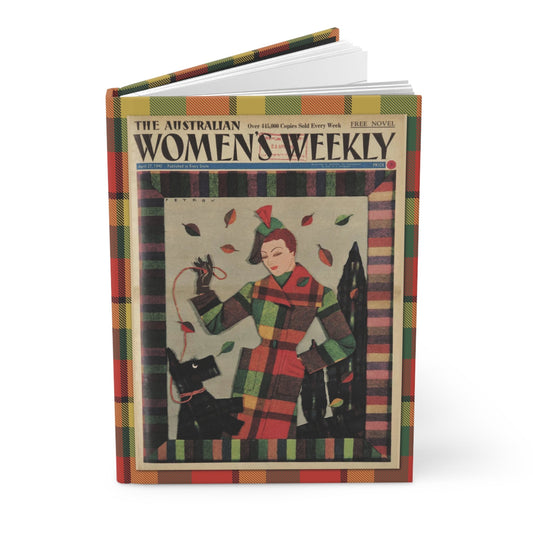 Hardcover journal standing upright showing Petrov 1940 fabric illustration from The Australian Women's Weekly with plaid tartan coat on front cover - LeBonJournal