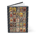 Hardcover journal standing upright showing Rider-Waite-Smith 1909 tarot cards including complete Major Arcana on front cover - LeBonJournal
