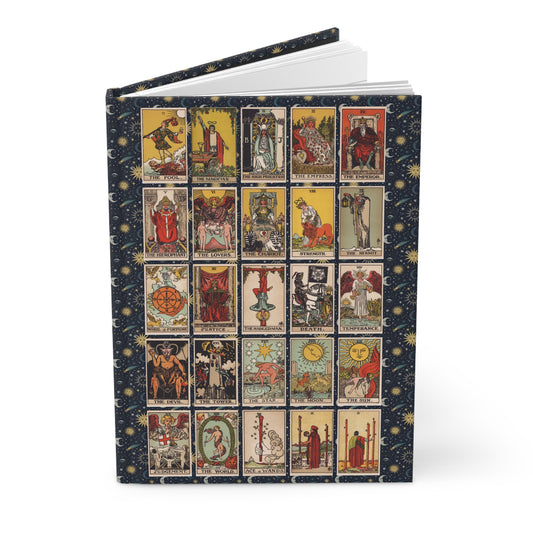 Hardcover journal standing upright showing Rider-Waite-Smith 1909 tarot cards including complete Major Arcana on front cover - LeBonJournal