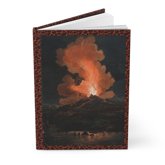 Hardcover journal standing upright showing Sir William Hamilton 1779 Vesuvius eruption Peter Fabris Campi Phlegraei illustration on front cover - LeBonJournal