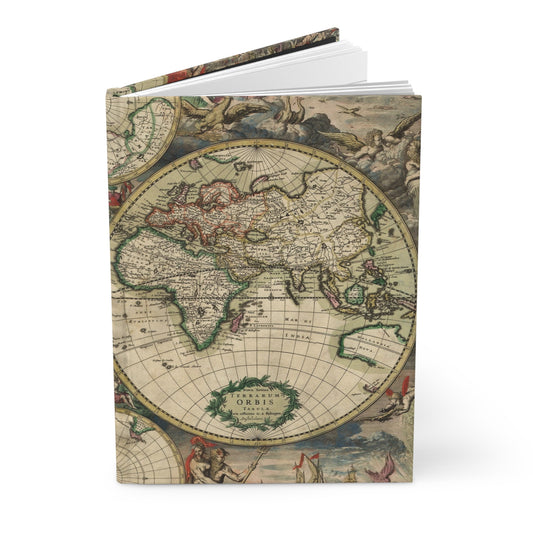 World map hardcover journal featuring Gerard van Schagen 1689 Nova Totius Terrarum Orbis - LeBonJournal