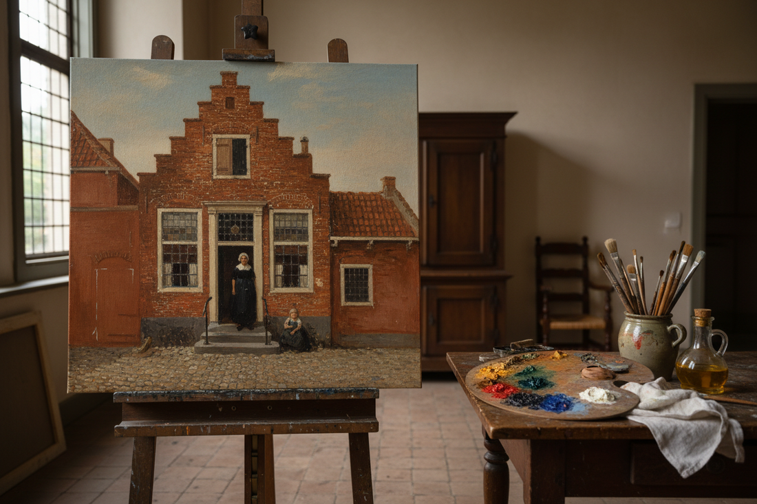 17th century Dutch painter's studio with Vermeer's The Little Street painting in progress on wooden easel, palette with oil paints and brushes in soft north window light - LeBonJournal