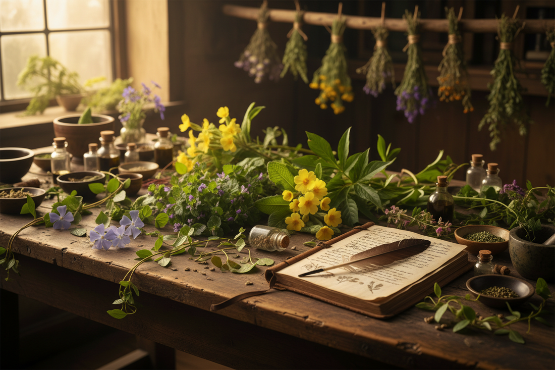 17th century English herbalist's table with fresh and dried medicinal herbs, handwritten botanical notebook, quill pen and warm natural light through leaded window