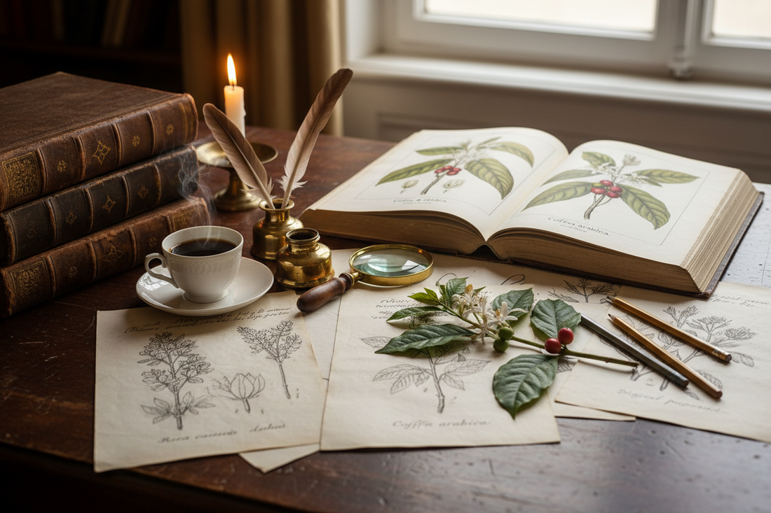 18th century botanist's writing desk with open Coffea arabica botanical engraving, white porcelain coffee cup, quill pens, brass inkwell and leather-bound books in warm candlelight - LeBonJournal