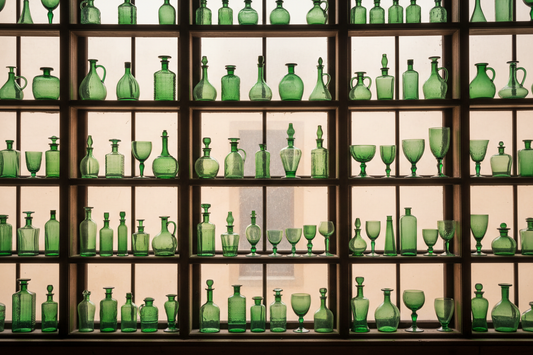 Rows of 18th century green glass vessels — bottles, decanters, flasks and goblets — displayed on the horizontal glazing bars of a large multi-pane window, backlit by soft natural daylight revealing their translucency