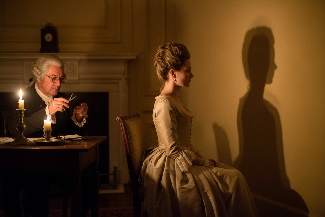 18th-century silhouette artist cutting a black paper profile portrait by candlelight, seated model in period dress in profile, shadow projected on a pale wall