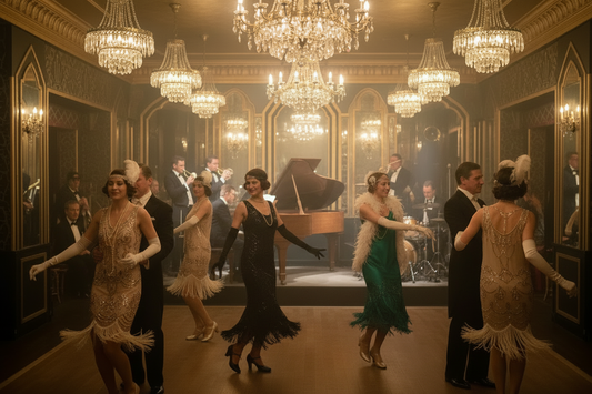  Flappers in gold fringe, black beaded silk and emerald green dancing with gentlemen in white tie at a glamorous 1920s London jazz club, warm chandelier light and Art Deco interior