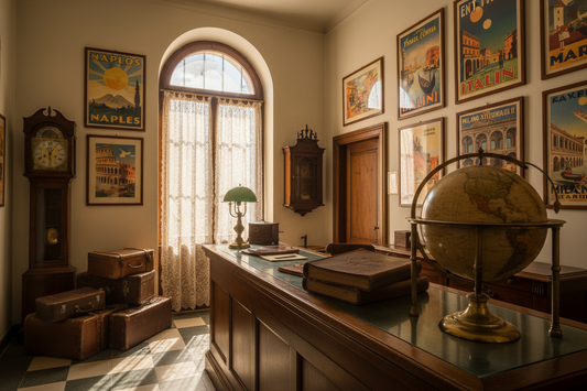 1920s travel agency interior with vintage ENIT Italian travel posters of Naples Venice Rome and Milan on the walls leather suitcases and brass desk lamp in warm afternoon light