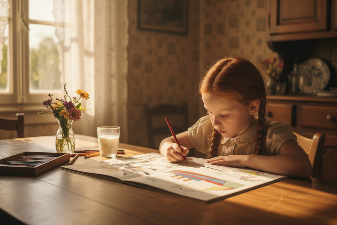 French girl with red braids colouring Maréchaux Album à Colorier at 1930s dining room table with coloured pencils steamship and farm animal pages open in warm afternoon light
