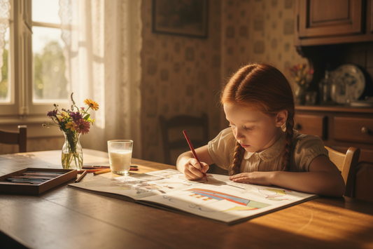 French girl with red braids colouring Maréchaux Album à Colorier at 1930s dining room table with coloured pencils steamship and farm animal pages open in warm afternoon light