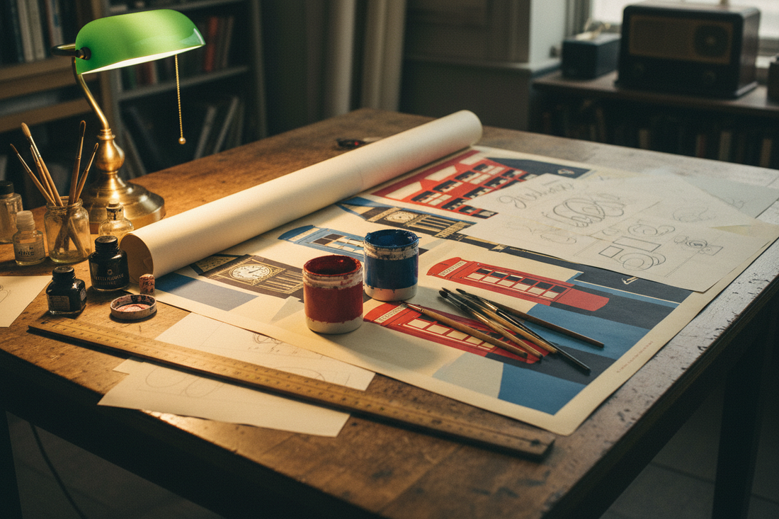 1940s graphic designer's studio worktable with vintage London travel posters, gouache paints, brushes and layout sketches in mid-century design atmosphere