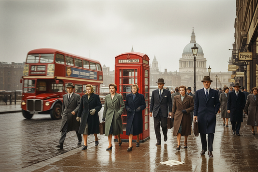 1950s London street scene with red double-decker bus, K6 telephone box and pedestrians in period dress, St. Paul's Cathedral in the distance - LeBonJournal
