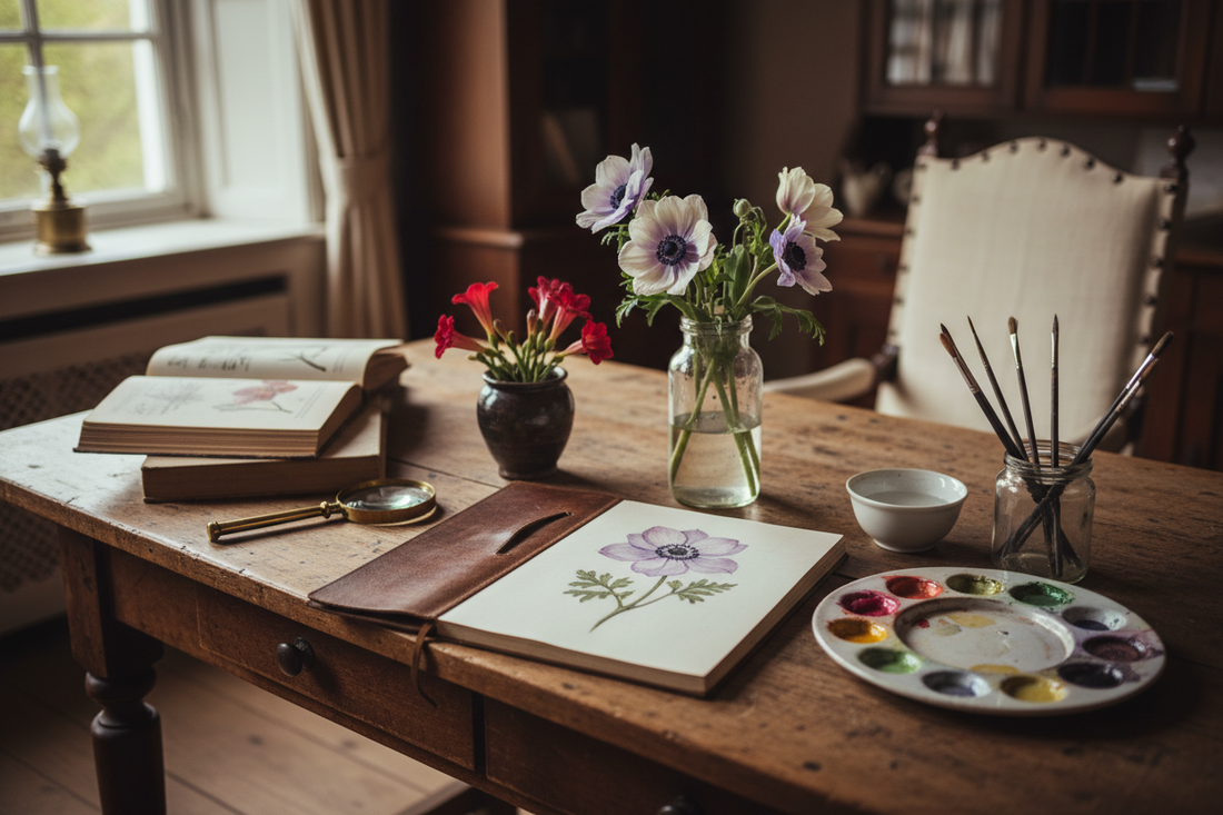 19th century Dutch botanical illustrator's studio circa 1875 with fresh anemone flowers, open watercolour sketchbook with botanical illustration in progress, ceramic palette and fine brushes in soft north window light - LeBonJournal