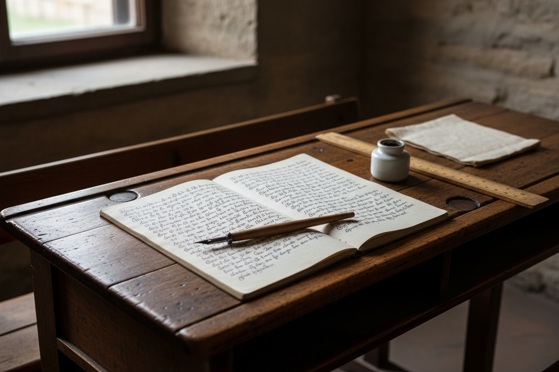 Mid-19th century German school desk circa 1867 with open exercise book in handwritten German script, steel-nib pen, ceramic inkwell and wooden ruler in warm window light - LeBonJournal