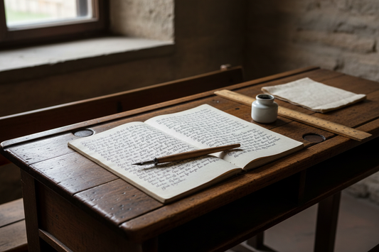 Mid-19th century German school desk circa 1867 with open exercise book in handwritten German script, steel-nib pen, ceramic inkwell and wooden ruler in warm window light - LeBonJournal