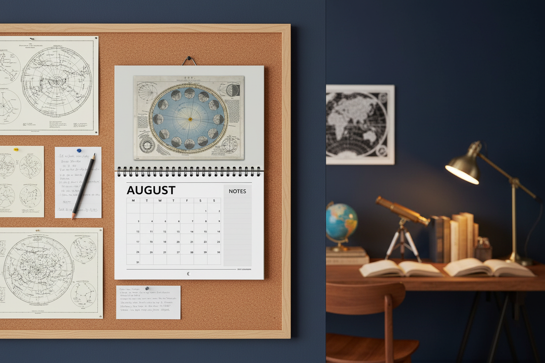 2026 Astronomy Wall Calendar open to August pinned on cork board in astronomy student's room with star charts and brass telescope - LeBonJournal