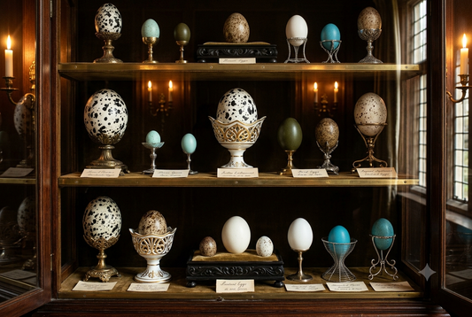 Victorian collector's cabinet displaying antique bird egg trays in bronze, porcelain and velvet stands