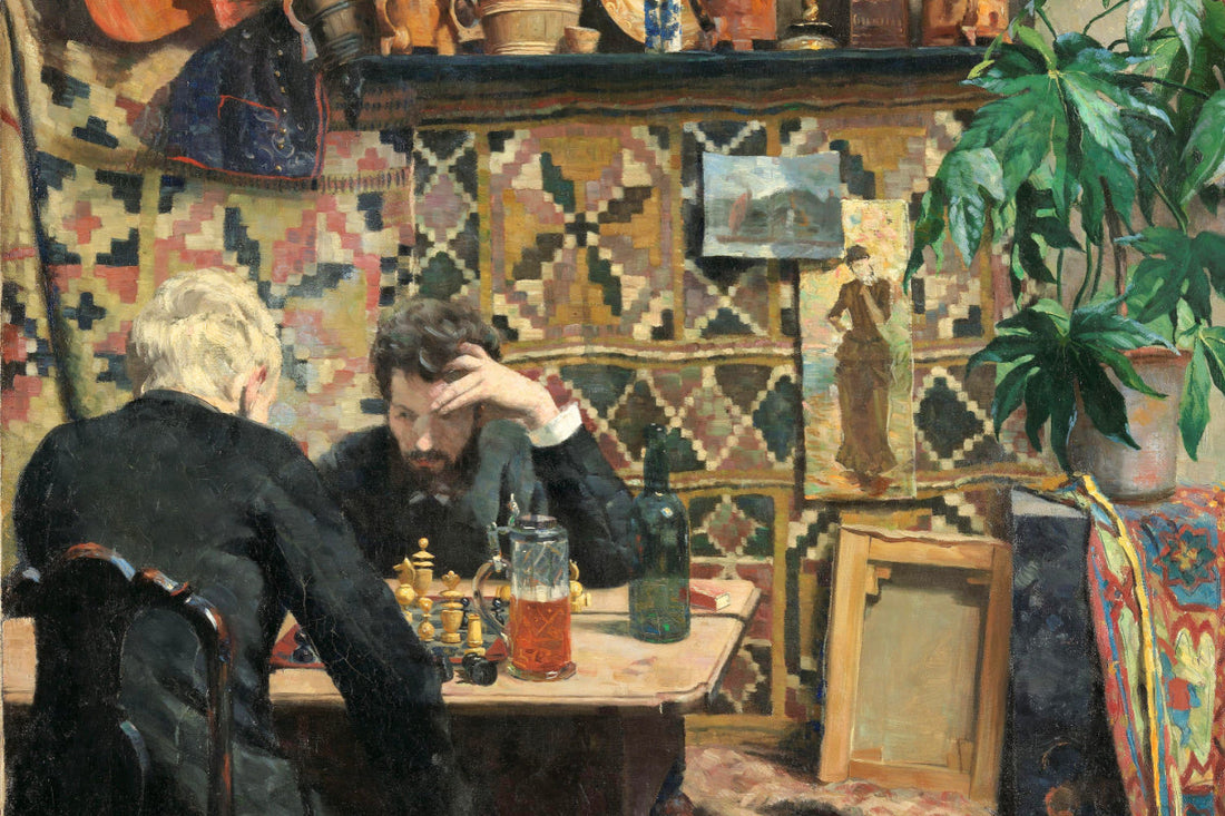 Detail of Gustav Wentzel's Sjakkspillere (1886) showing two men absorbed in a chess game at a wooden table in a bohemian artist's studio, beer jug and pipes beside the board, warm chiaroscuro light, National Museum Oslo
