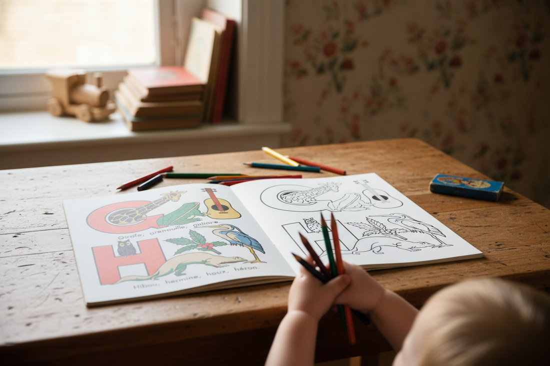Open A.B.C. à Colorier by Gaston Maréchaux showing letters G and H on a wooden table, child's hands and colored pencils, warm natural light
