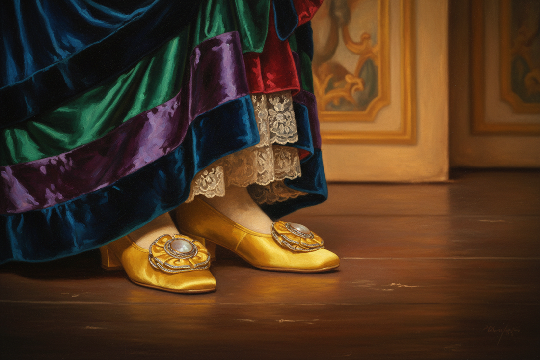 Ada Cavendish yellow satin Victorian stage shoes with square toe silver braid rosette and mother of pearl centre on gas-lit theatre stage floor with jewel-tone gown hem in warm amber footlight glow