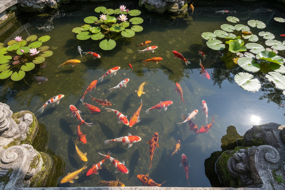 Aerial view of a Chinese imperial garden pond with ornamental goldfish and koi in deep red, golden orange, white and mottled patterns swimming among lily pads and lotus flowers
