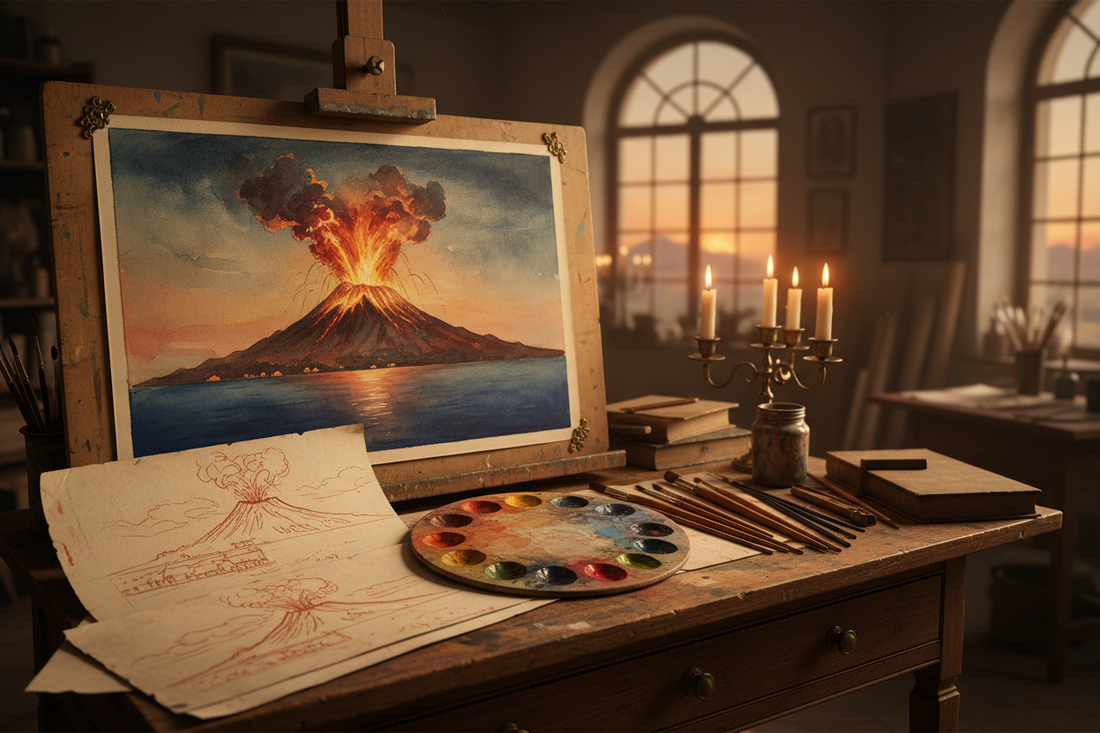 Half-finished aquatint watercolor of Mount Vesuvius erupting at night pinned to a wooden drawing board