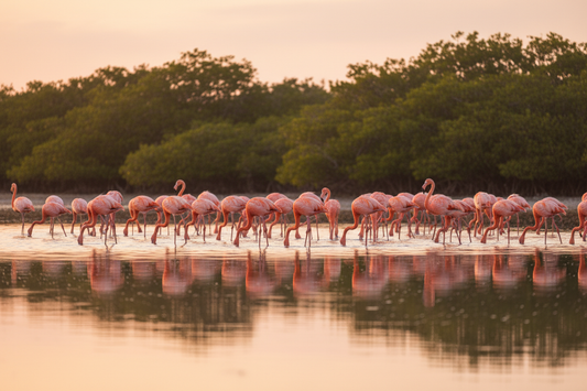 Flock of American flamingos wading in a shallow Florida Keys wetland at golden hour, coral pink plumage glowing in warm sunrise light with mangroves reflected in still water