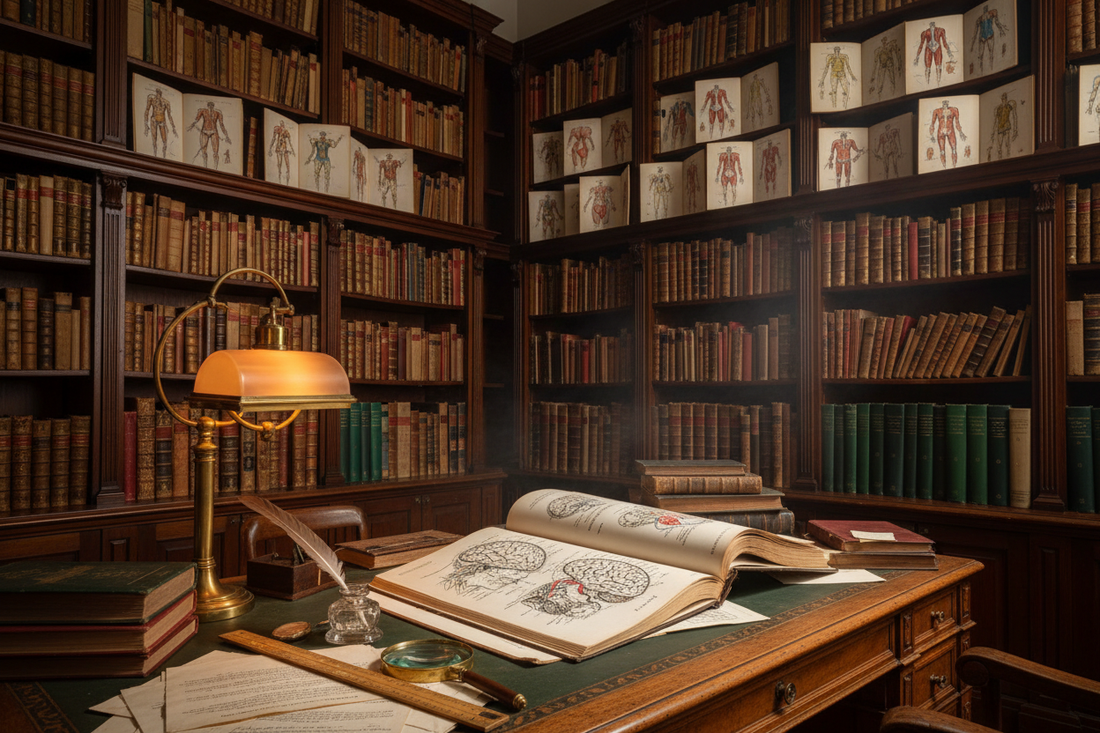 Belle Époque anatomical library with leather-bound medical volumes, open brain atlas and brass lamp on dark wooden desk - LeBonJournal