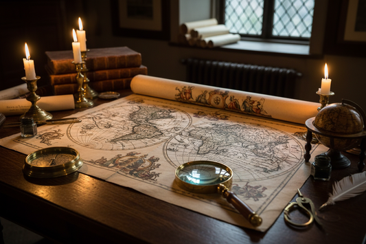 Antique double-hemisphere world map unrolled on a dark oak table with brass compass, celestial globe, divider and quill in warm candlelight, magnifying glass resting near California shown as an island