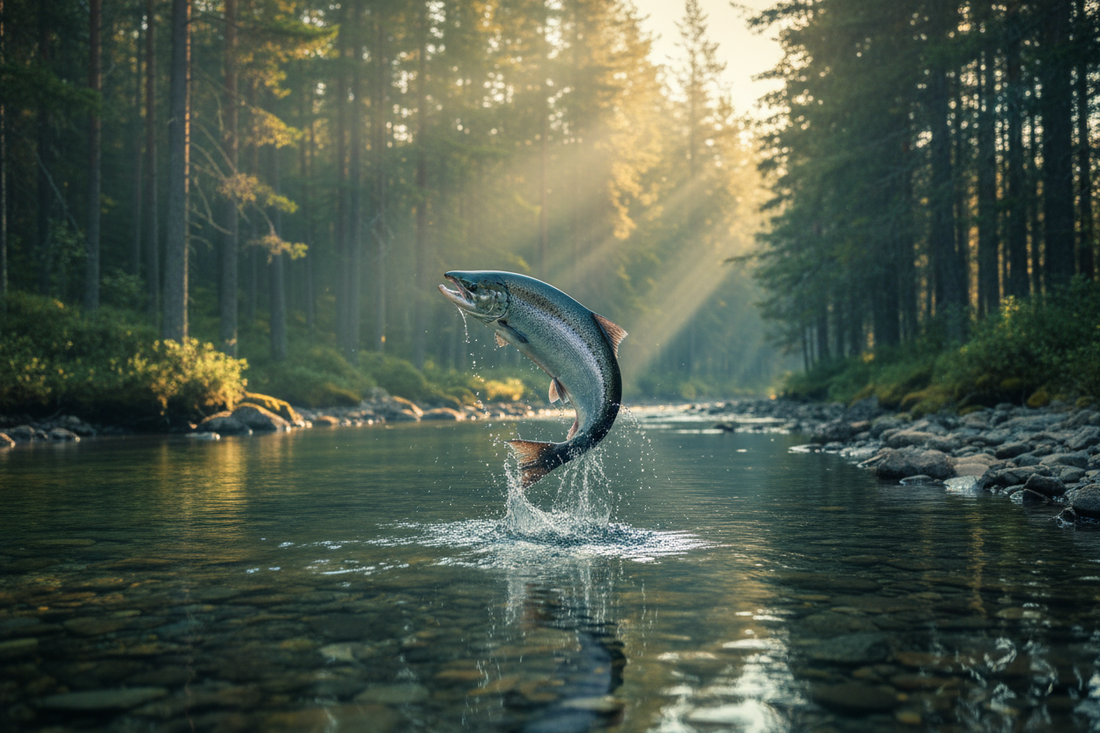 Atlantic salmon leaping from a cold clear Scandinavian river surrounded by pine forest in golden summer light