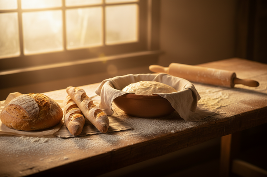 Rustic baker's workbench with freshly baked sourdough baguettes flour-dusted surface rolling pin and linen cloth in warm morning light