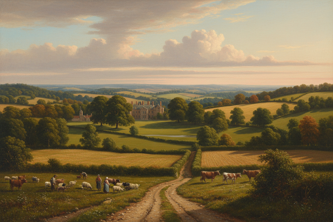 Evocation of Bayhall estate in Pembury Kent circa 1675, rolling Weald countryside with manor house, parkland and farm workers in warm afternoon light - LeBonJournal