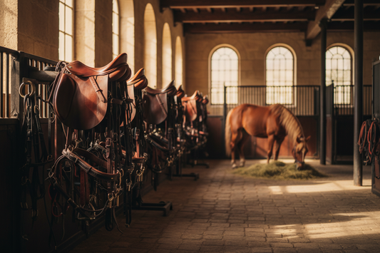 Elegant Belle Époque stable interior with polished leather saddles and bridles on wooden racks, gleaming brass fittings and golden light filtering through high windows with a chestnut horse in soft focus background