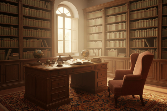 1950s Spanish home library with Salvat encyclopedia open to colorful bird illustration plate, warm afternoon light and wooden desk