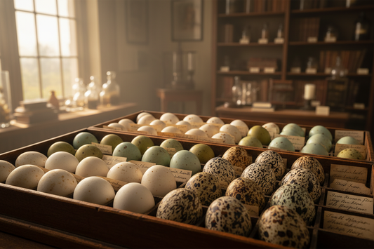 Curated collection of bird eggs arranged in a vintage wooden specimen tray with individual compartments and handwritten paper labels, cream raptor eggs, olive and blue-green songbird eggs and mottled speckled eggs in warm window light