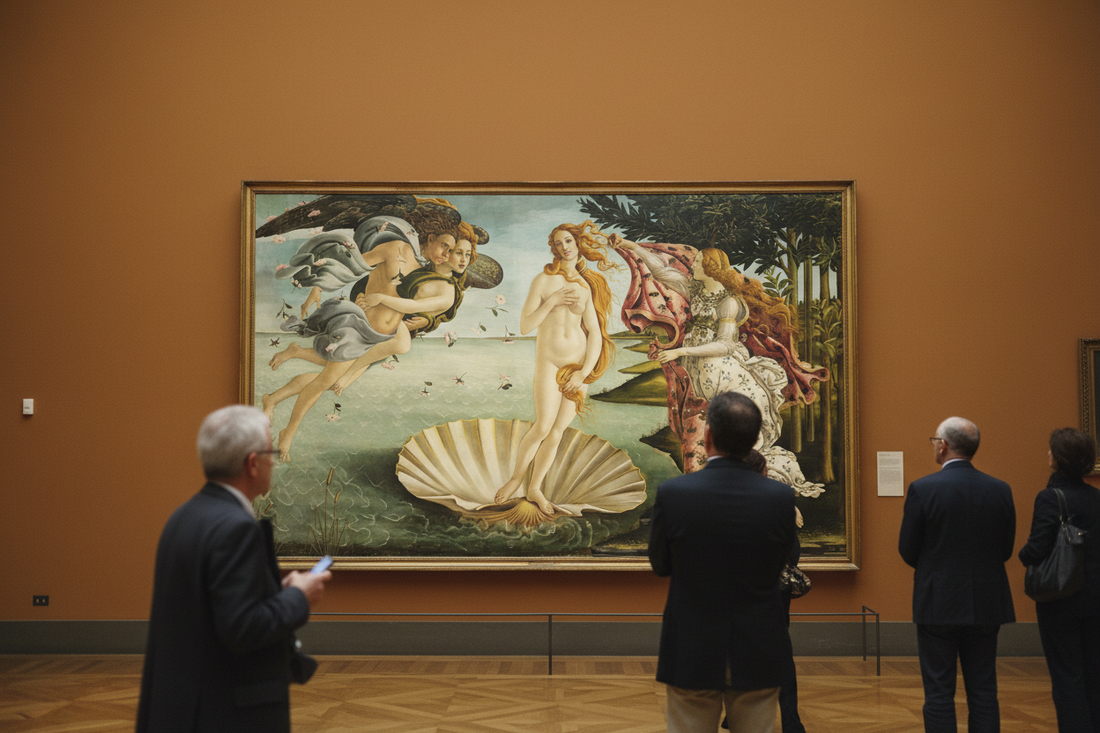 Botticelli's Birth of Venus painting displayed in the Uffizi Gallery in Florence, warm ochre walls and parquet floor with museum visitors in soft focus contemplating the Renaissance masterpiece
