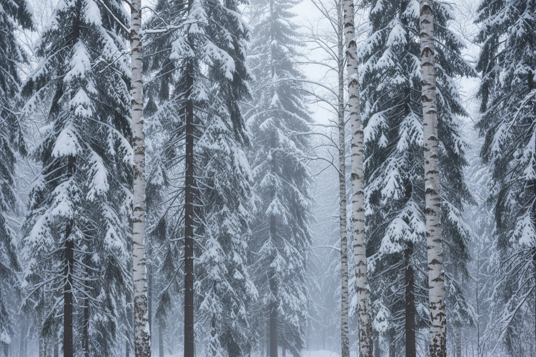 Snow-covered boreal forest with Norway spruce and silver birch trees in Russian winter light