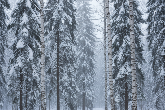Snow-covered boreal forest with Norway spruce and silver birch trees in Russian winter light