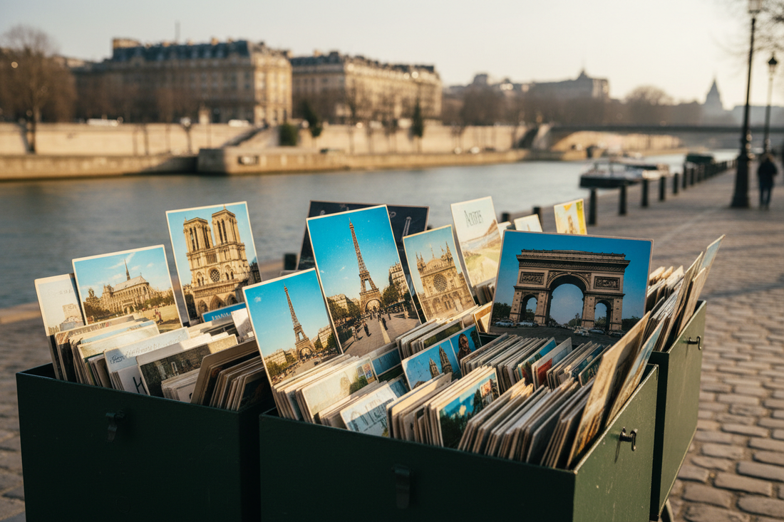 Bouquiniste stall along the Seine with vintage 1960s and 1970s Paris postcards in green metal boxes, the Île de la Cité visible in soft focus in the background, warm afternoon light
