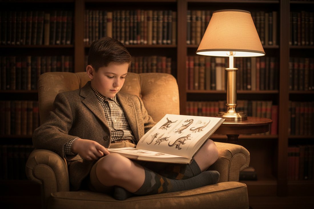 Young boy reading a dinosaur illustration book in a 1940s library, warm lamp light, wooden bookshelves in the background, nostalgic postwar atmosphere