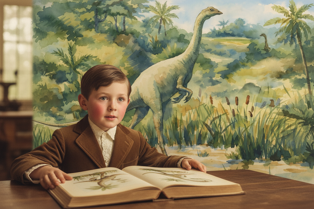 Edwardian boy with rosy cheeks and brown velvet suit reading at a wooden table, with a lush Cretaceous wetland landscape opening behind him - LeBonJournal