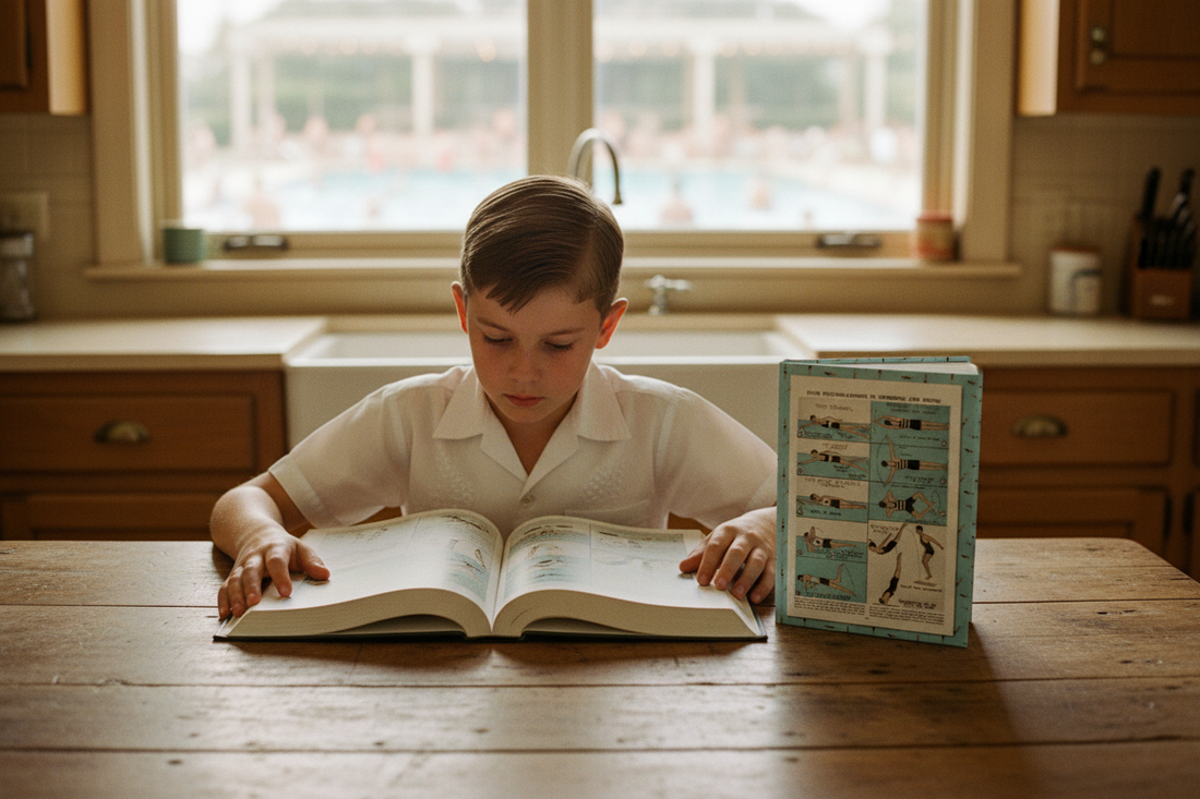 Boy studying swimming instruction diagrams at a wooden table in a 1950s kitchen, with a swimming journal beside him and a pool visible through the window