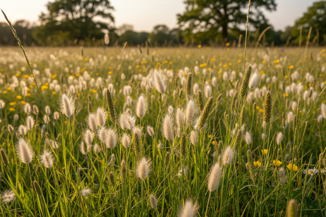 British meadow grasses at ground level Lagurus ovatus Phleum pratense golden afternoon light