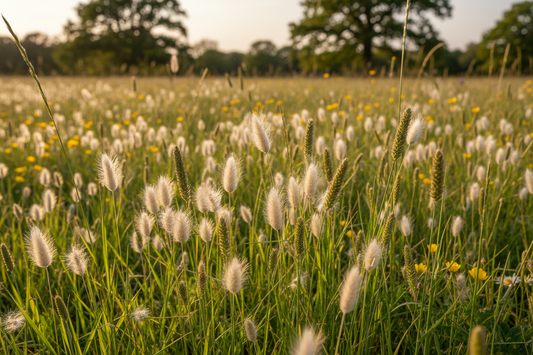 British meadow grasses at ground level Lagurus ovatus Phleum pratense golden afternoon light