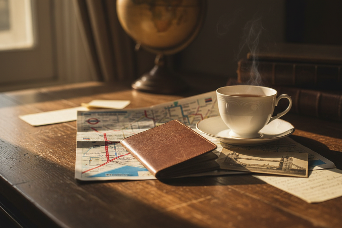 British traveler's desk with leather passport London Underground map teacup Tower Bridge postcard