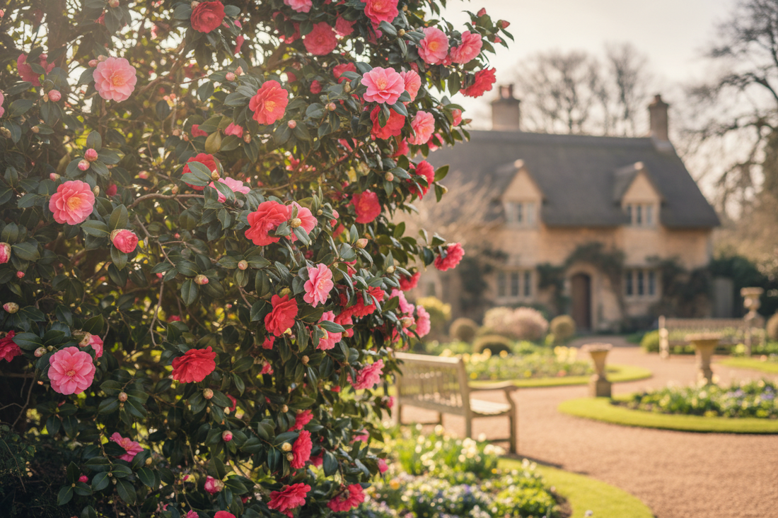 Camellia japonica in bloom in an English cottage garden, Regency era setting — LeBonJournal