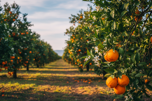 Mediterranean bitter orange grove with ripe Citrus Bigaradia fruit and white Azahar blossoms in morning light — as documented by Pancrace Bessa 1801