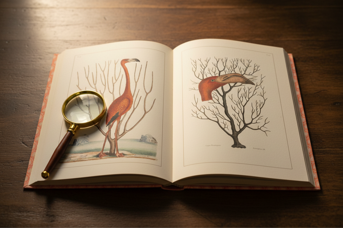 Open antique book showing Catesby 1731 Plates 73 and 74 American Flamingo and bill study with coral - LeBonJournal